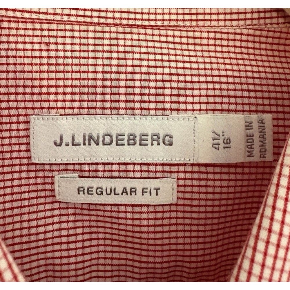 J. Lindeberg Long Sleeve Button Down Shirt Men's Size 16 Red and White Checks - Picture 3 of 11